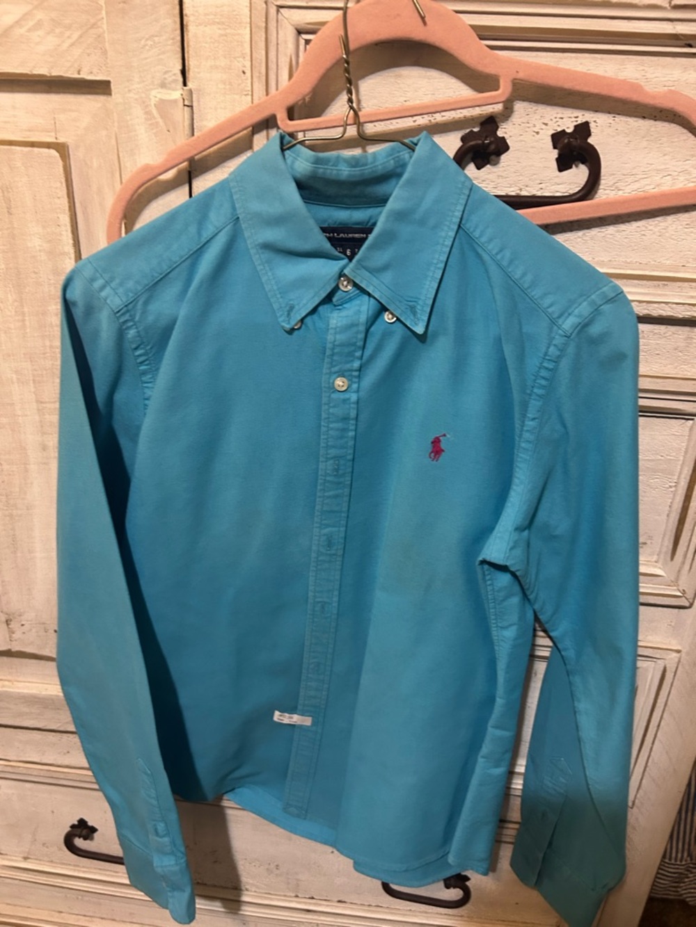 Ralph Lauren Turquoise Button-Down Shirt with Pink Logo